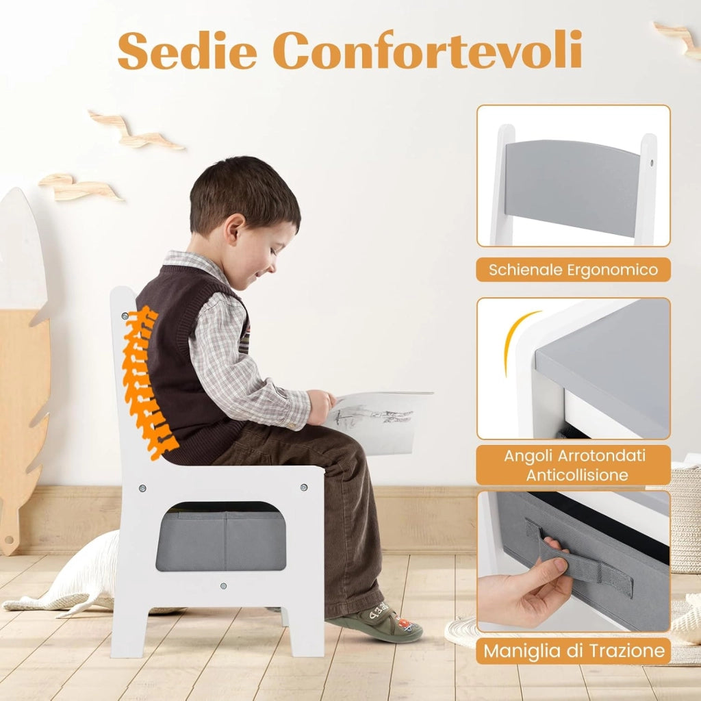 Set Tavolino Bambini con 2 Sedie per 3+ Anni, Tavolo e Sedie 4 in 1 con Lavagna Rimovibile, Librerie e Scatola in Tessuto, Mobile Salvaspazio per Scuola, Asilo e Cameretta (Bianco e Grigio)