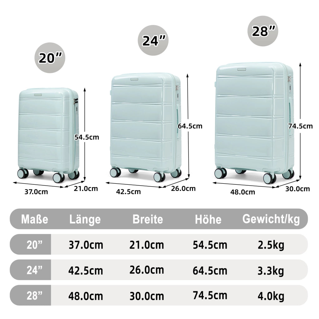 Set di 3 valigie rigide 48x30x74,5 cm in PP verde menta, ruote 360°