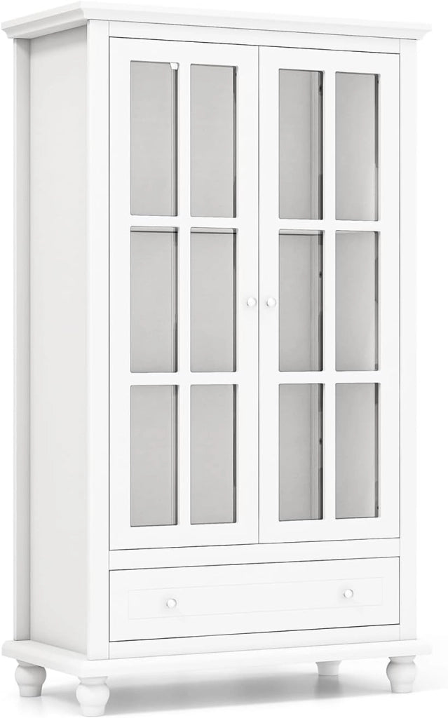 Mobile Libreria, Vetrinetta Espositiva Alta con Ante in Vetro Temperato, Libreria Verticale in legno con Ripiani Regolabili e Cassetto, per Soggiorno, Camera da Letto, 80 x 40 x 139 cm