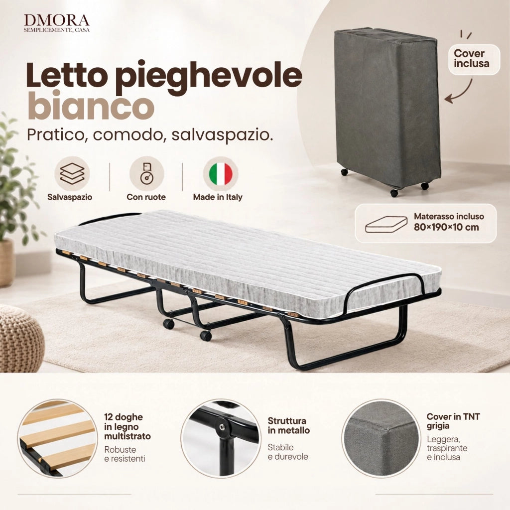 Letto pieghevole Tellus, Brandina con rete 12 doghe, Materasso incluso, Lettino salvaspazio, 100% Made in Italy, 80x190h37 cm, Cover protettiva inclusa