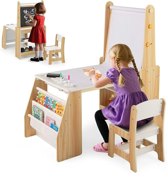 Set Tavolo e Sedia per Bambini, Tavolo in Materiale Sicuro con Lavagna e Sedia, Lavagna Bianca, Rotolo di Carta, 2 Ripiani Aperti e Libreria a 2 Ripiani, Ideale per Disegno (Naturale)