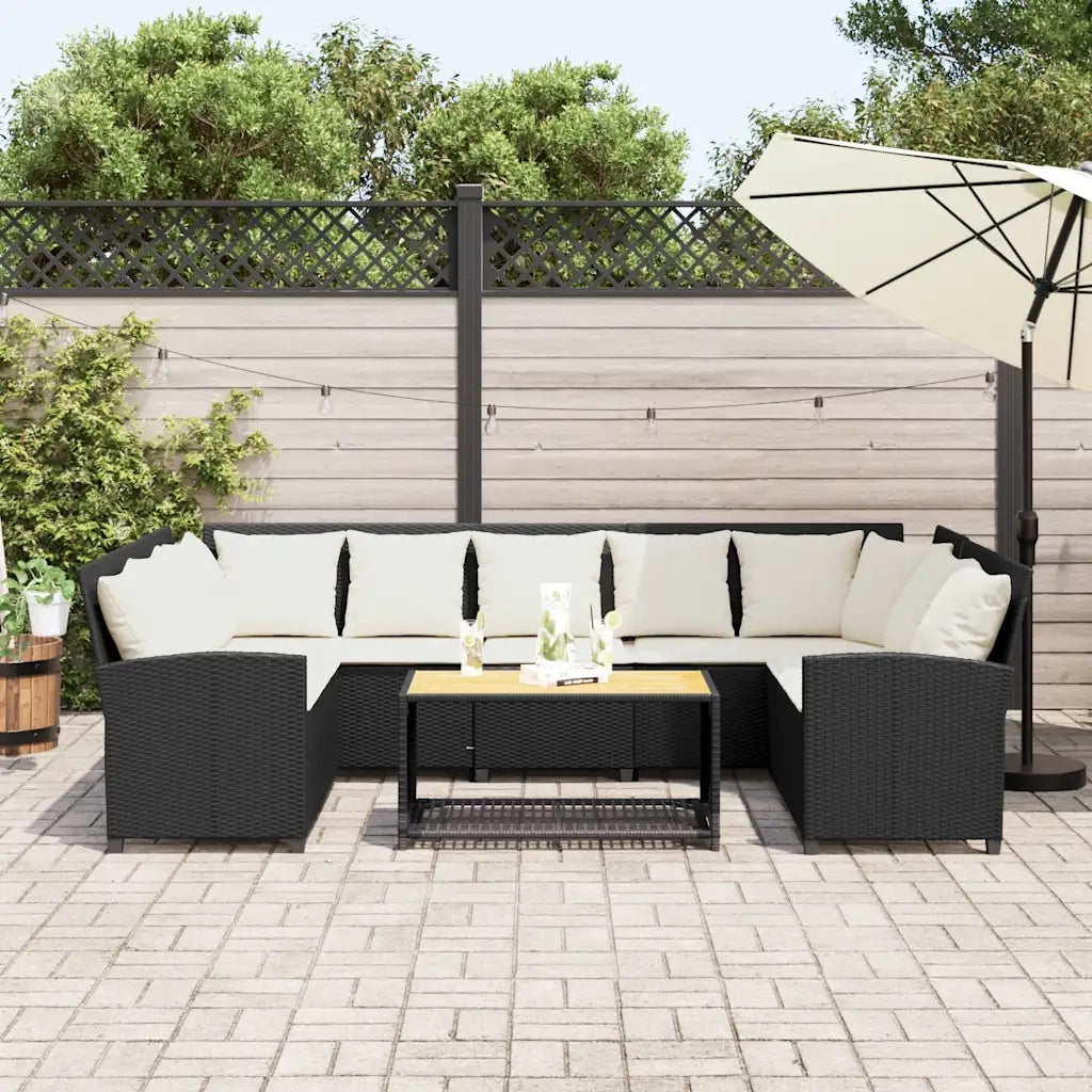 Divano da Giardino con Cuscini in Polyrattan Nero