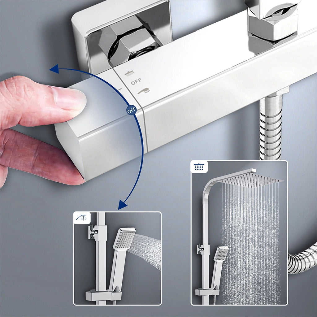 colonna doccia quadrata completo di miscelatore termostatico rettangolo, soffione quadrato 25x25cm, cromo