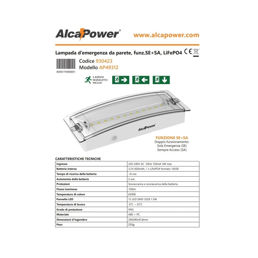 Alca power lampada d' emergenza da parete 6500k 100lm se+sa, lifepo4, ip65