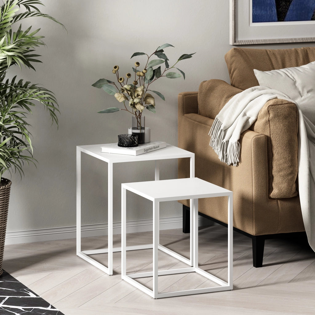 Set di 2 Tavolini Vejen Sovrapponibili Piano Quadrato - Acciaio Bianco opaco [en.casa]