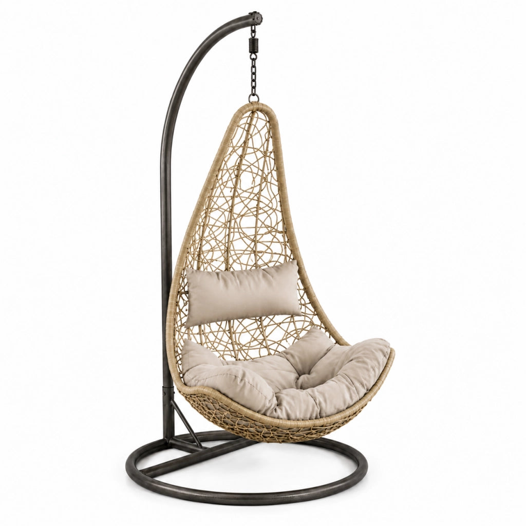 Poltrona Sospesa Da Giardino Con Struttura Autoportante In Metallo Seduta In Polyrattan Con Cuscino E Poggiatesta Arredo Outdoor Terrazza Balcone E Veranda 105 x 195 Cm Beige