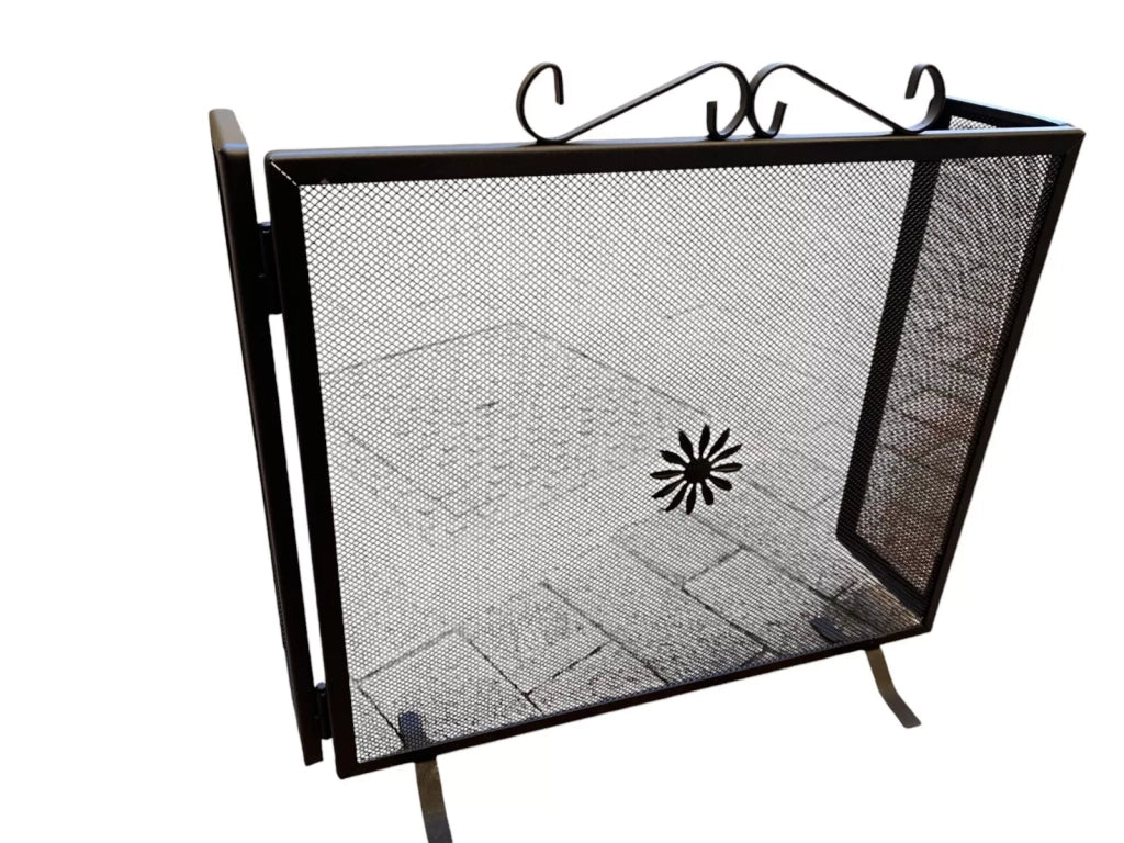 Parascintille per Camino in Ferro Battuto, Artigianale, Nero, con 2 Ante Laterali, Stile Classico, Protezione per Caminetto (58cm + (12cm x2 antine) 50cm h)