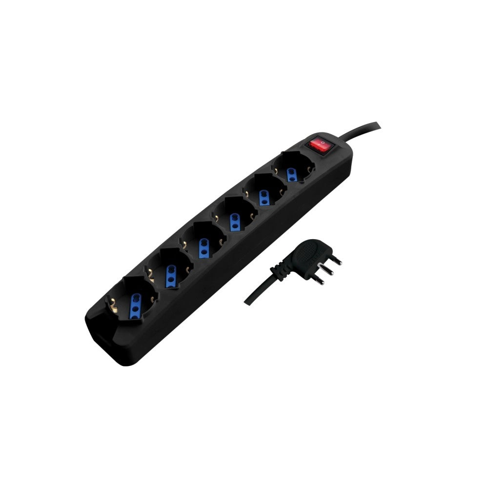 Alca power multipresa nera con 6 prese universali spina a 90° cavo da 1,5mt con interruttore