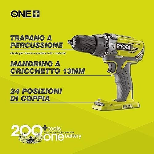 RYOBI 5133002888_NEVER_USED ONE+ Trapano Avvitatore a Percussione 18V 2 Velocita' 24 Regolazioni Coppia Mandrino 13mm Luce LED colore Nero