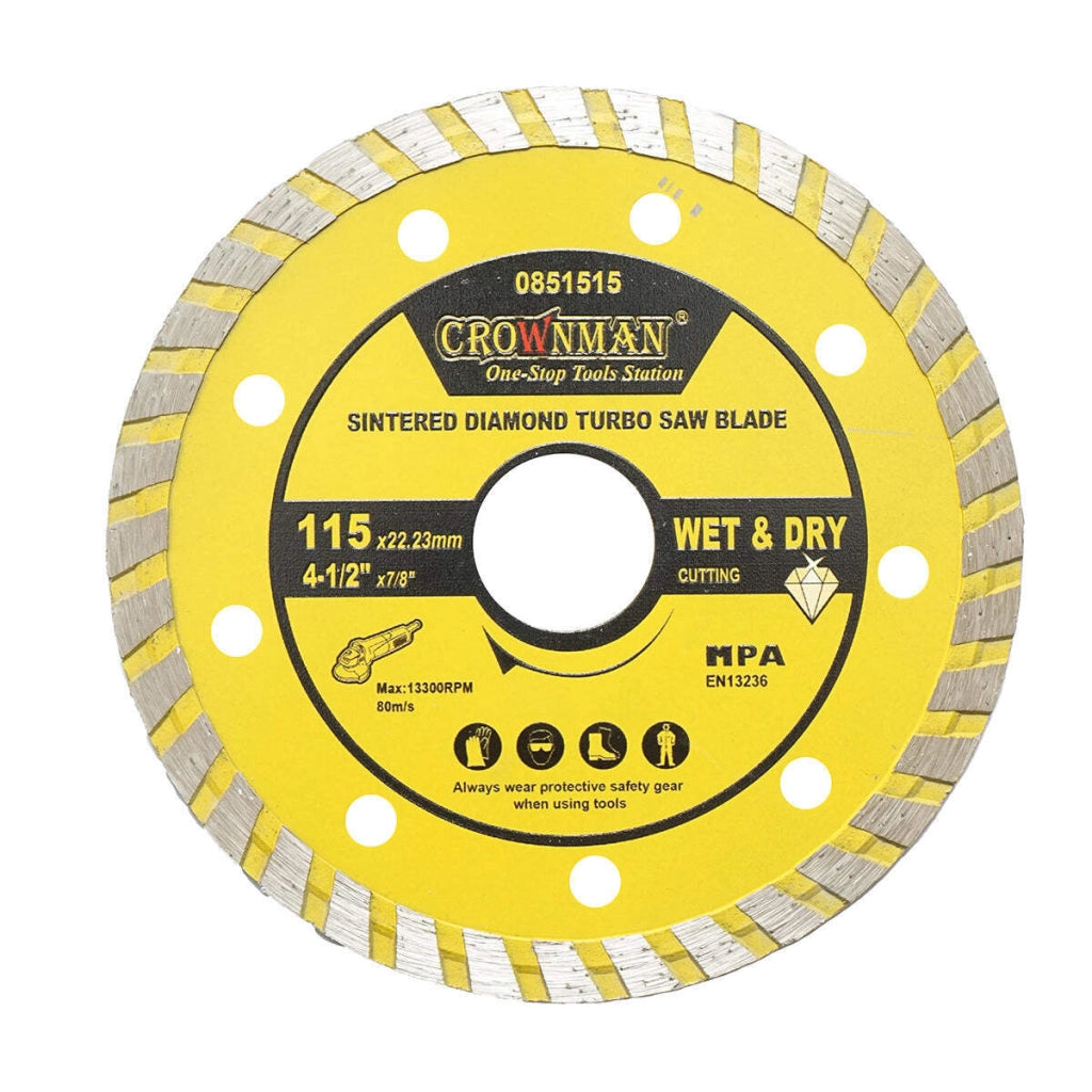 Disco diamantato turbo sinterizzato 115x22.23 mm, velocità massima 13.300 giri/min, taglio a umido/asciutto per pietra, gres, ceramica e marmo, Crownman