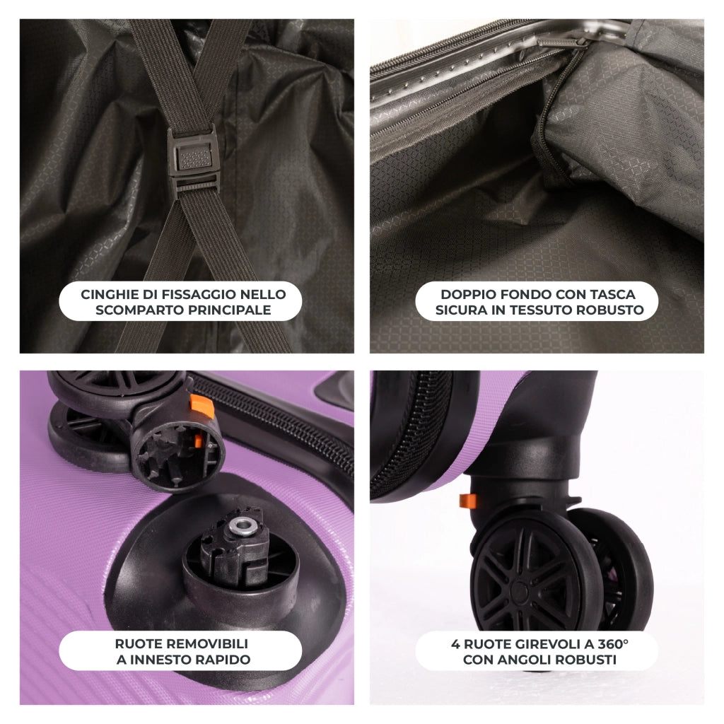 Trolley Bagaglio Mano Rigido 54x33x22 Piccolo Ultraleggero Valigia In Abs Con 4 Ruote Rimovibili Manico Chiusura Di Sicurezza Per Compagnie Low Cost Economy Zaino Da Viaggio Lilla