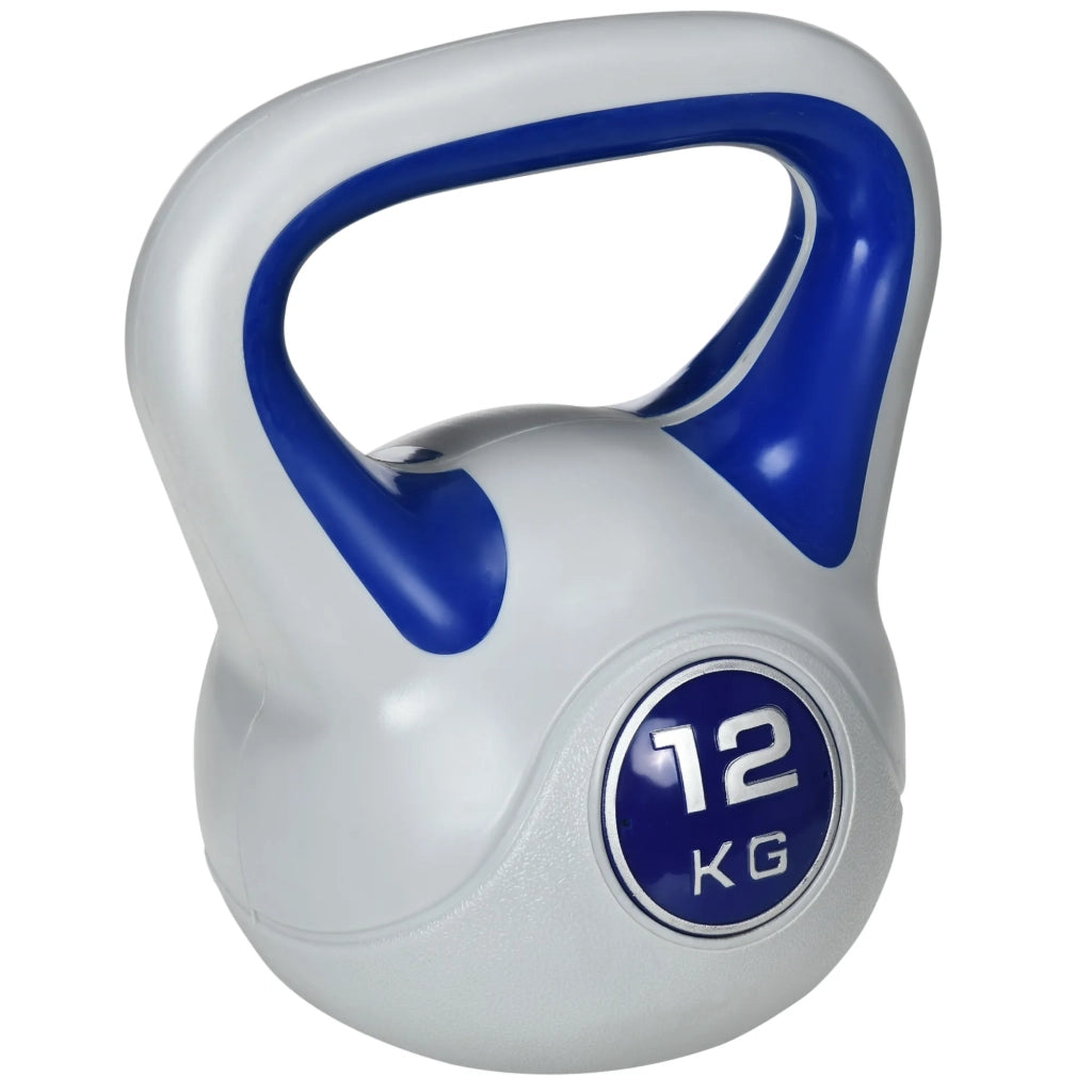 Kettlebell 12 kg, manubrio sferico blu delicato sui pavimenti per allenamento forza e fitness, ideale per home workout
