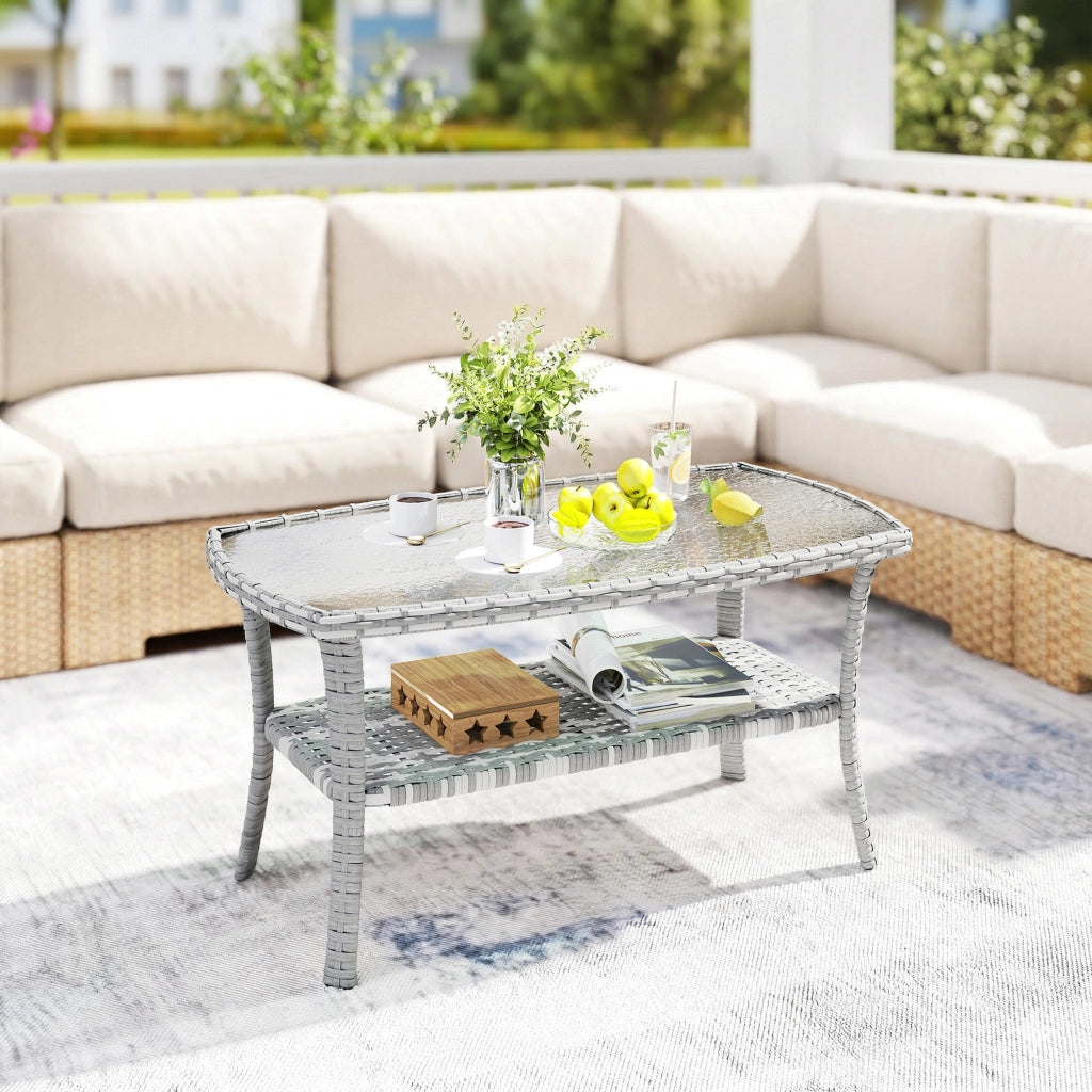 Tavolo da Giardino in Rattan con Piano in Vetro Temperato ¨C zephmum ¨C 90x50x45 cm Grigio Scuro