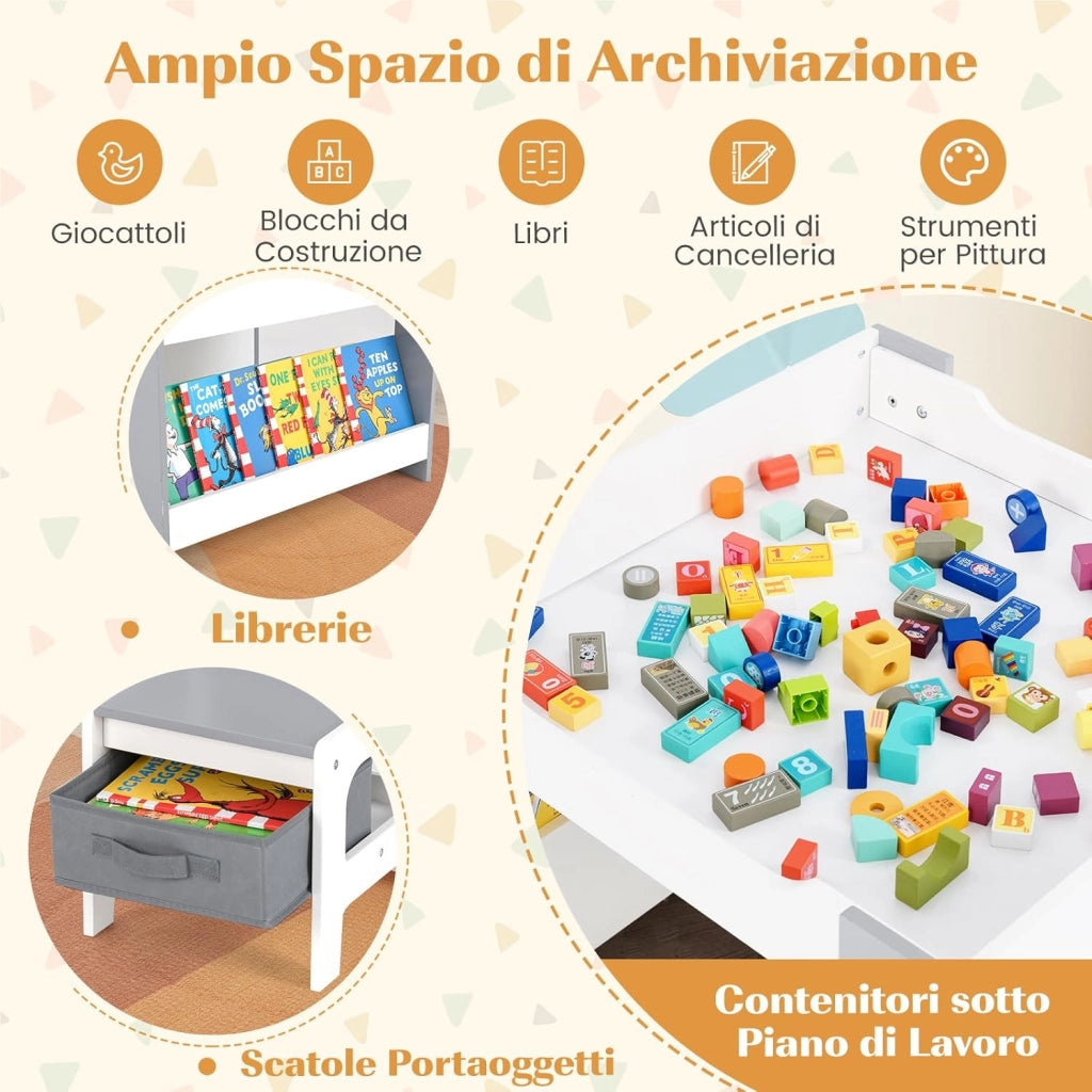 Set Tavolino Bambini con 2 Sedie per 3+ Anni, Tavolo e Sedie 4 in 1 con Lavagna Rimovibile, Librerie e Scatola in Tessuto, Mobile Salvaspazio per Scuola, Asilo e Cameretta (Bianco e Grigio)