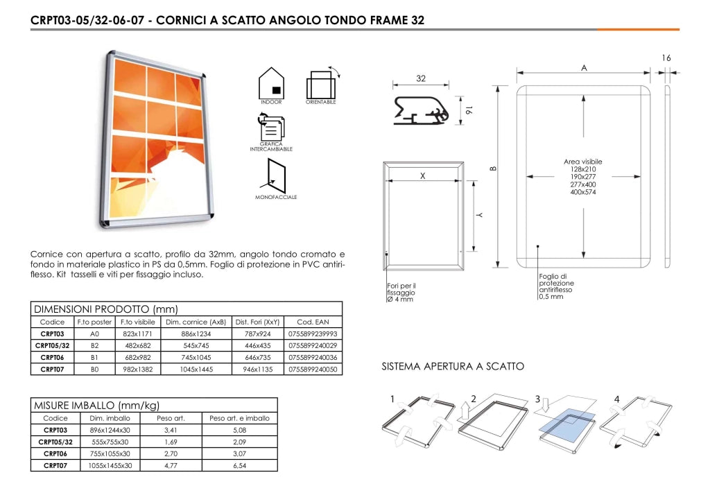 Cornice a scatto 70 x 100 profilo 32 mm angolo tondo