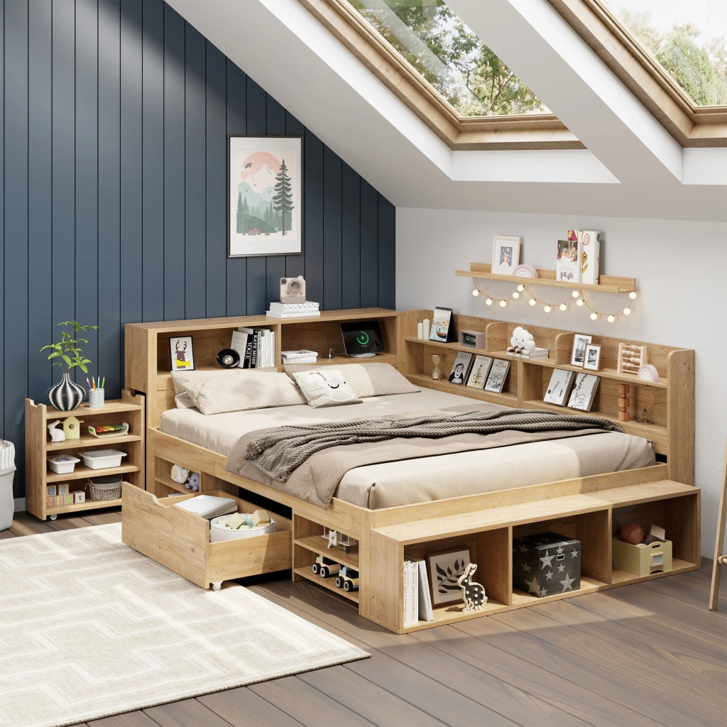 Letto per bambini con funzioni integrate in compensato naturale 140x200 cm