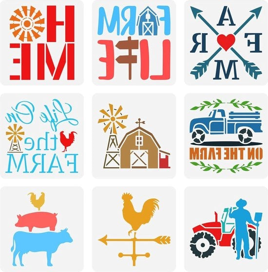 Set di stencil per segni mini 15x15cm, 9 pezzi, animali da fattoria, bestiame, gallina, maiale, camion agricolo, trattore, stencil per disegno da mini segno, segno per ventaglio.