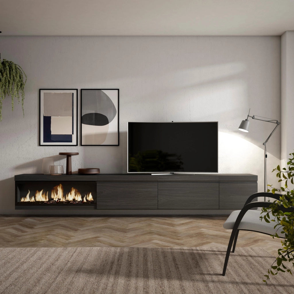 Mobile TV Soggiorno, 317x35x45cm, Camino elettrico XXL, da appendere, Nero RF3671
