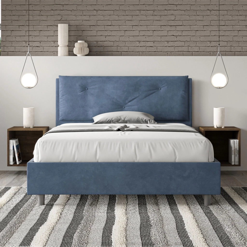 Letto Matrimoniale Francese 140x200 cm con Rete Imbottito in Microfibra Appia Large Blu