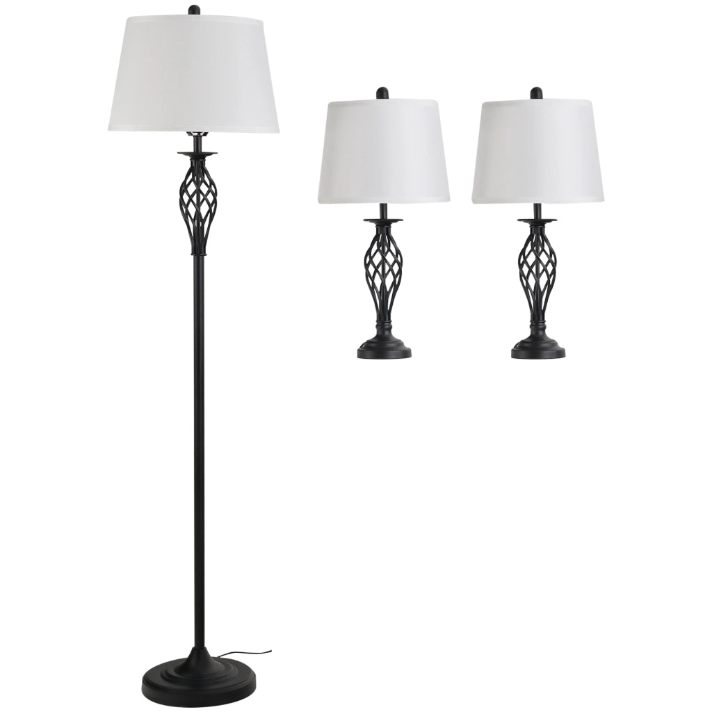 Set 3 Pezzi: 1 Lampada da Terra e 2 Lampade da Tavolo in Metallo, Design Vintage, Lampadine E27, Nero e Bianco