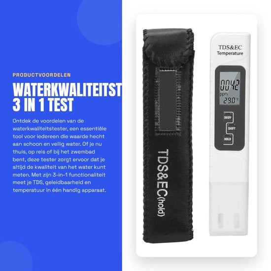 Testatore di qualità dell'acqua - 3 in 1 - Facile da usare - Formato compatto - Per acqua potabile e piscine - Misurazioni affidabili - Modello: - Codice prodotto: - Specifiche tecniche: