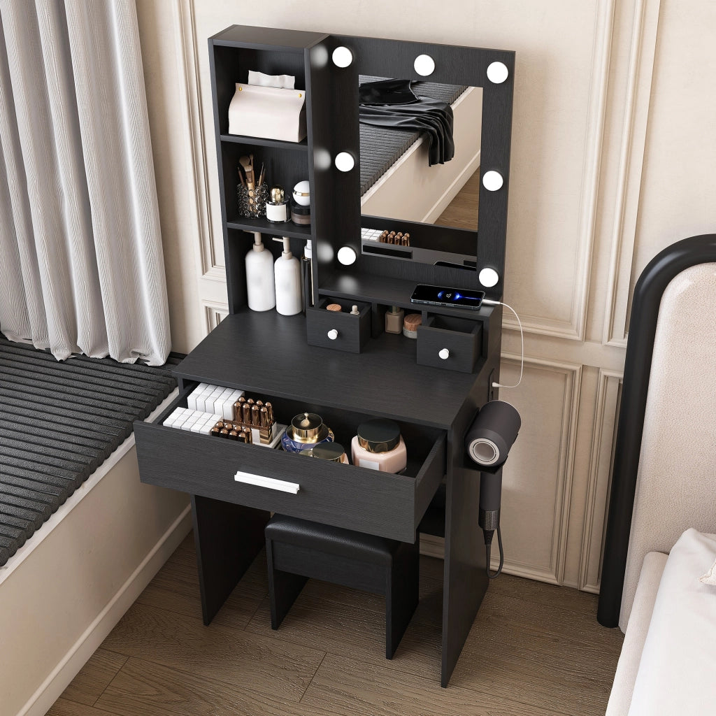Set da toeletta con sgabello imbottito, specchio a LED, presa di corrente e cassetto, nero