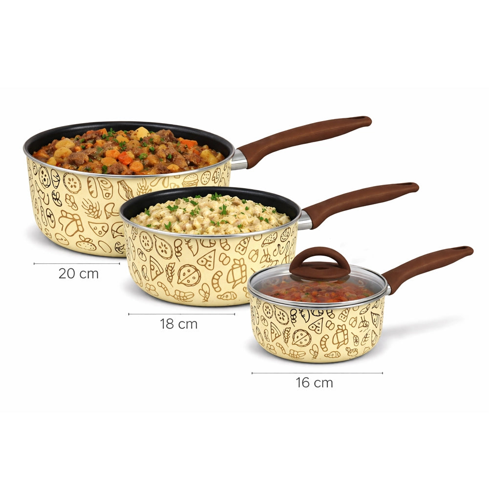 Tris di Casseruole con 1 Coperchio Vetro e Manico Soft Touch Pentole 16-18-20cm