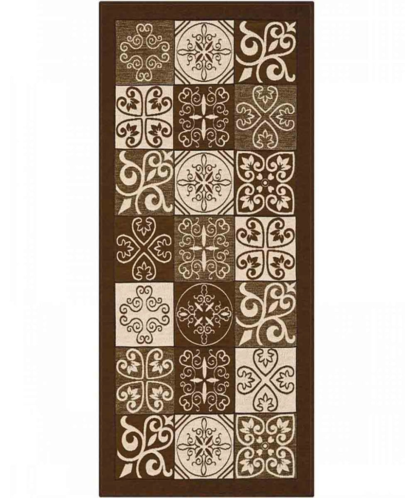 Tappeto disegno MAIOLICA MARRONE decorazione piastrelle ceramica, passatoia cucina multiuso lavabile in lavatrice e anti-scivolo cm.55x115