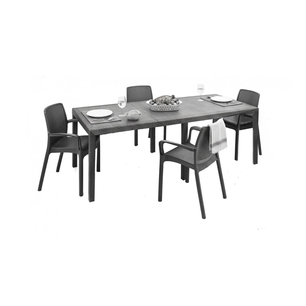 Set tavolo e sedie Arret, Ripiano rettangolare allungabile da esterno con 4 sedie incluse, Tavolo e sedute da giardino effetto rattan, 100% Made in Italy, Antracite