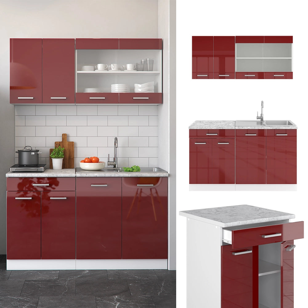 Cucina monoblocco R-Line Rosso lucido/Bianco 140 cm senza piano di lavoro Vicco