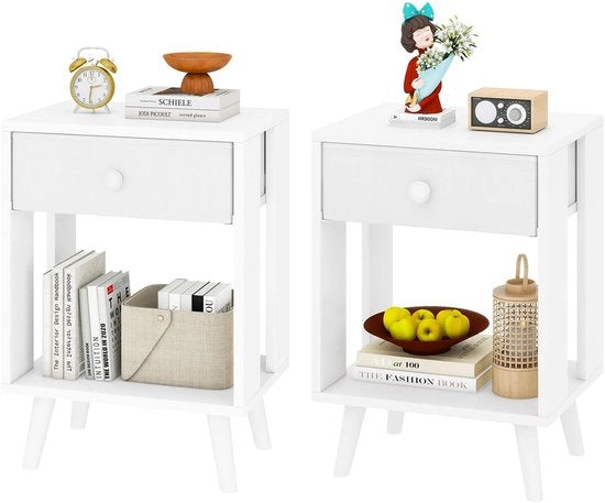 Set di 2 comodini, tavolo da notte, comodino, cassettone di tessuto, vetrina aperta, gambe in legno massello, design moderno, struttura semplice, per camera da letto, soggiorno, colore bianco HST012W-2