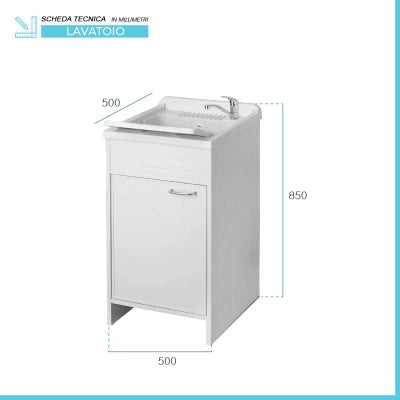 Mobile lavatoio 50x50 cm vasca in resina con asse e kit di scarico