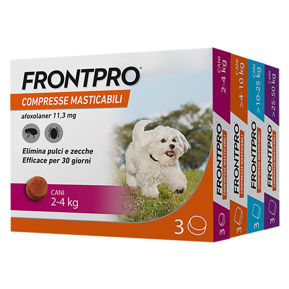 COMPRESSE ANTIPARASSITARIE MASTICABILI 'FRONTPRO' cani 4,0 fino a 10 kg / 3 compresse da 28,3 mg  - FRONTLINE