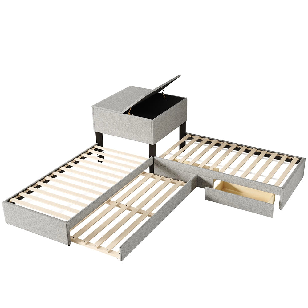 Letto angolare - Xylo - 90x200 cm gigogne lino grigio