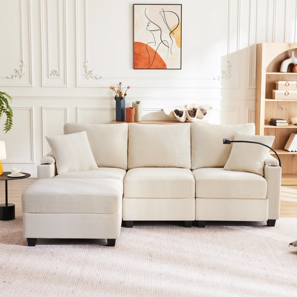 Divano Angolare 3 Posti con Poggiapiedi e Cuscini ¨C Xylo ¨C Beige