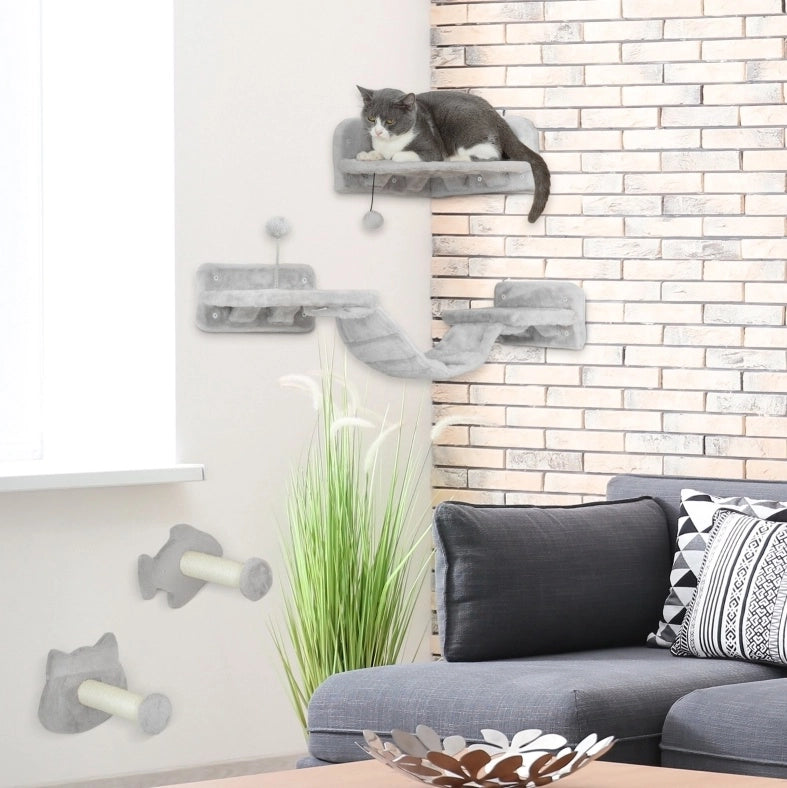 Set da parete per gatti ULEVR con 4 elementi, piattaforme, scala, tiragraffi e pallina, grigio chiaro