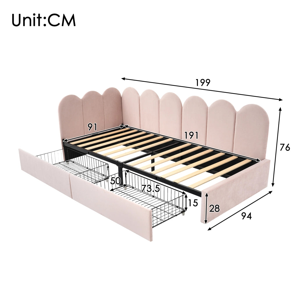 Letto singolo contenitore – 90x190 cm – daybed cassetti – velluto rosa
