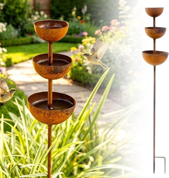 Regolatore di pioggia, estensore di pioggia, rottura di ruggine, 68 cm, vasca per insetti, giardino, metallo, decorazione di giardino, aspetto patinato, raccolta d'acqua di pioggia per uccelli e insetti, giardino di fiori, terrazza, balcone