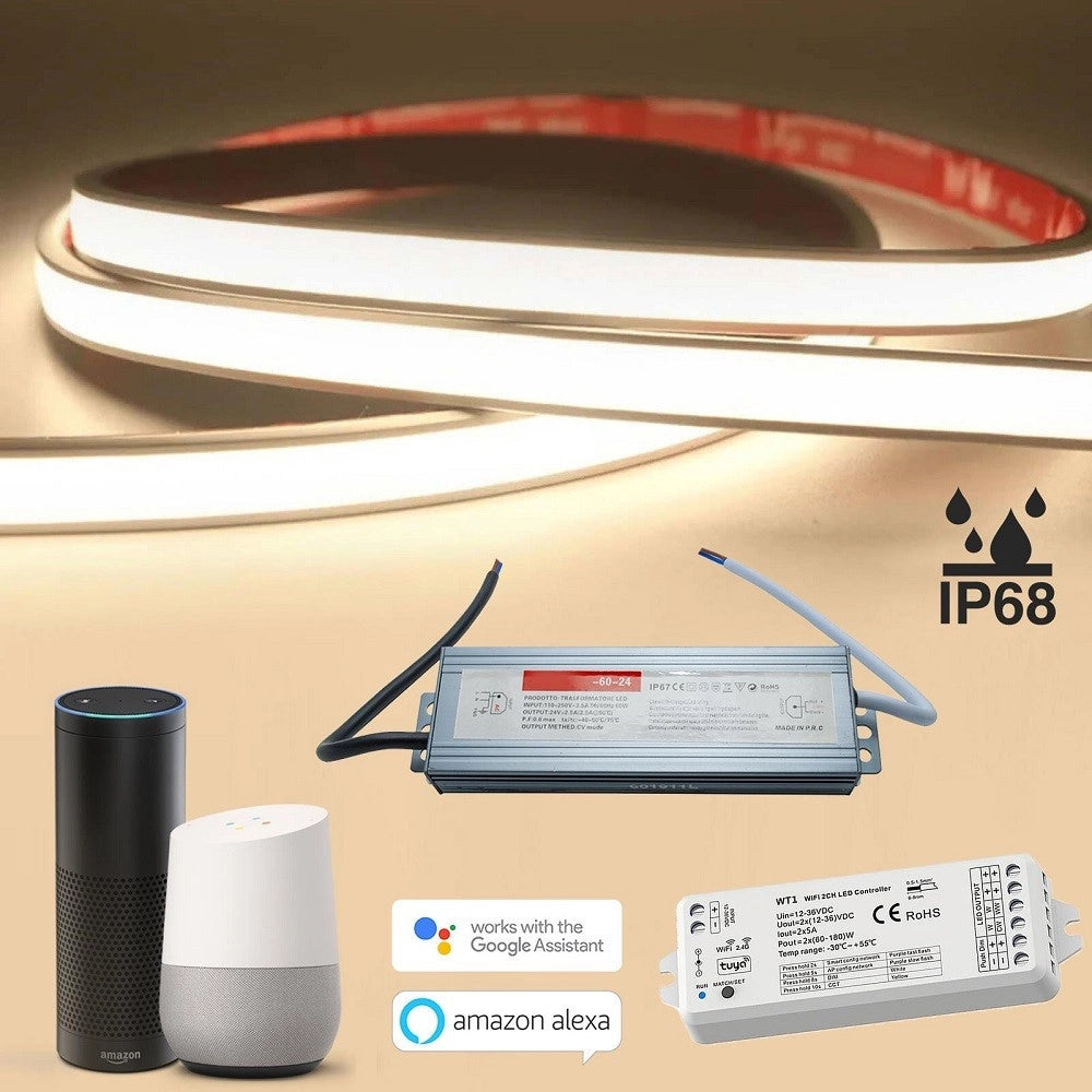 Trade Shop - Kit Smart Striscia Led Ip68 Cob Neon Flex Dimmerabile 24v Centralina Vocale Wifi - -bianco Naturale      -
