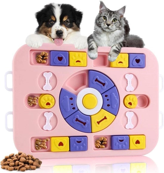 Giocattolo interattivo per cani e gatti con alimentatore lento e cassetta anti-schizzo in rosso