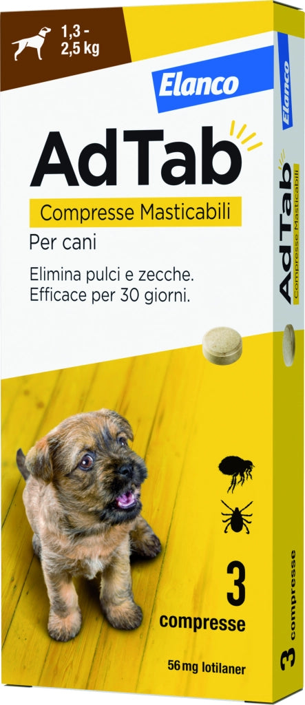 Elanco ANTIPARASSITARIO COMPRESSA MASTICABILE AdTab x cani  1,3÷2,5 kg. (cf. 3 compr. da 56,25 mg)