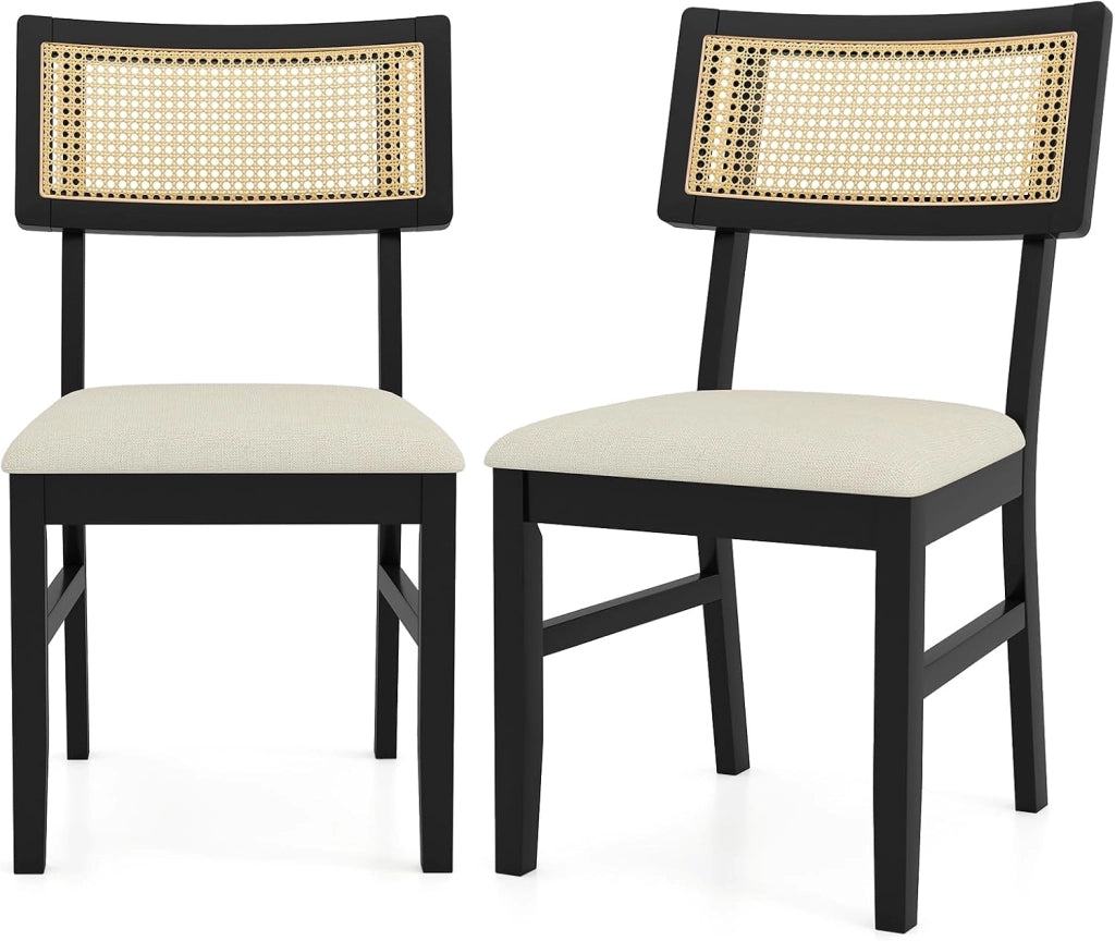 Set di 2 Sedie da Pranzo in Rattan, Sedie da Cucina Imbottite con Rivestimento in Tessuto, Gambe in Legno e Schienale Curvo per Soggiorno, Sala da Pranzo e Ristorante, Portata 180 kg