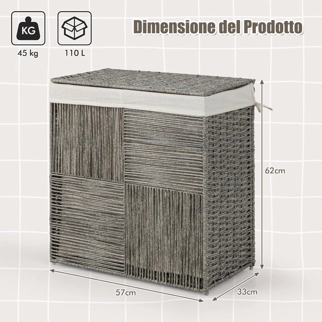 110 L Cesto Portabiancheria con Coperchio, Cesto per Bucato in Rattan con Comode Maniglie e Sacchetto Interno Rimovibile, per Camera da Letto Lavanderia Bagno, 27 x 33 x 62 cm
