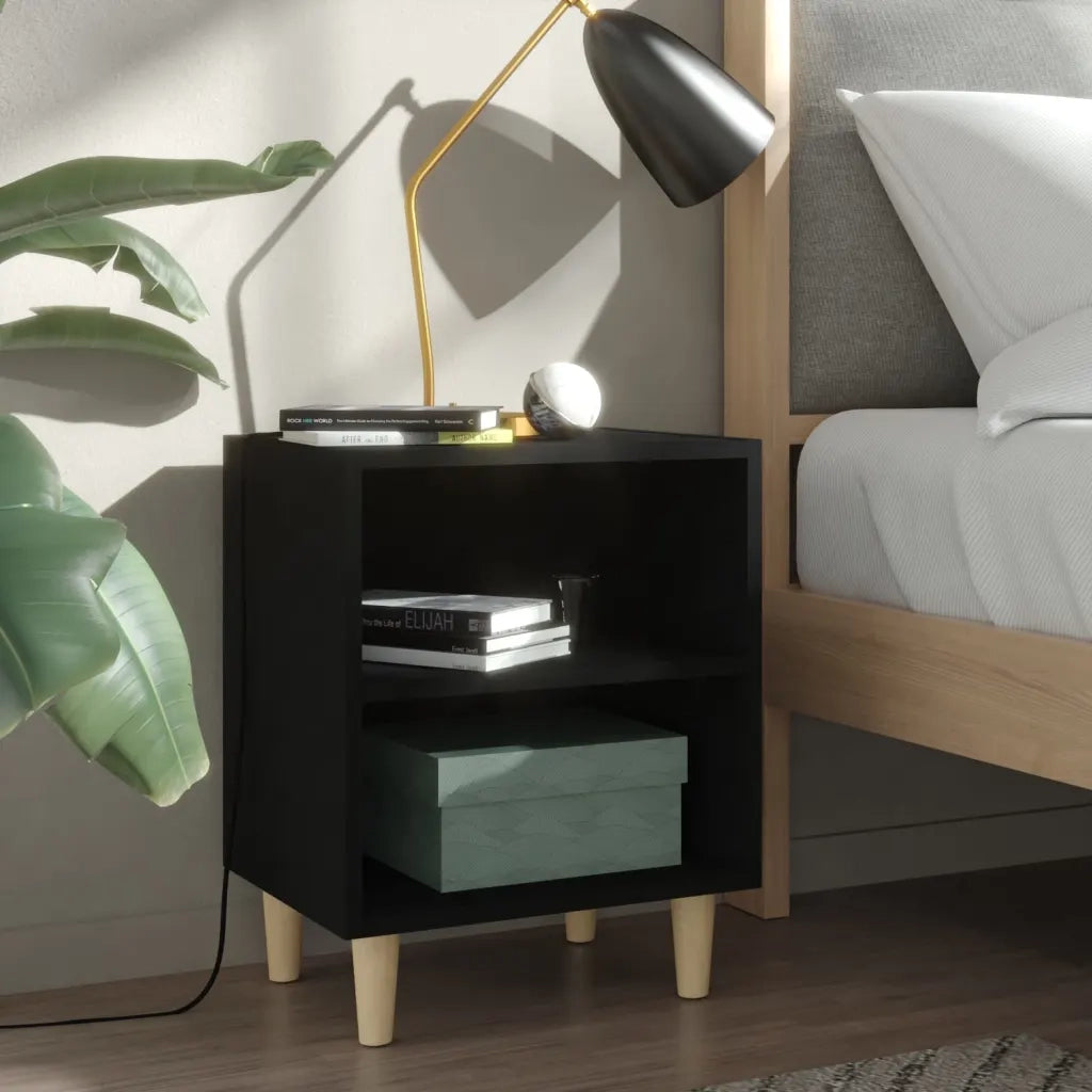 Comodini con Gambe in Legno Massello 2pz Neri 40x30x50 cm 805782