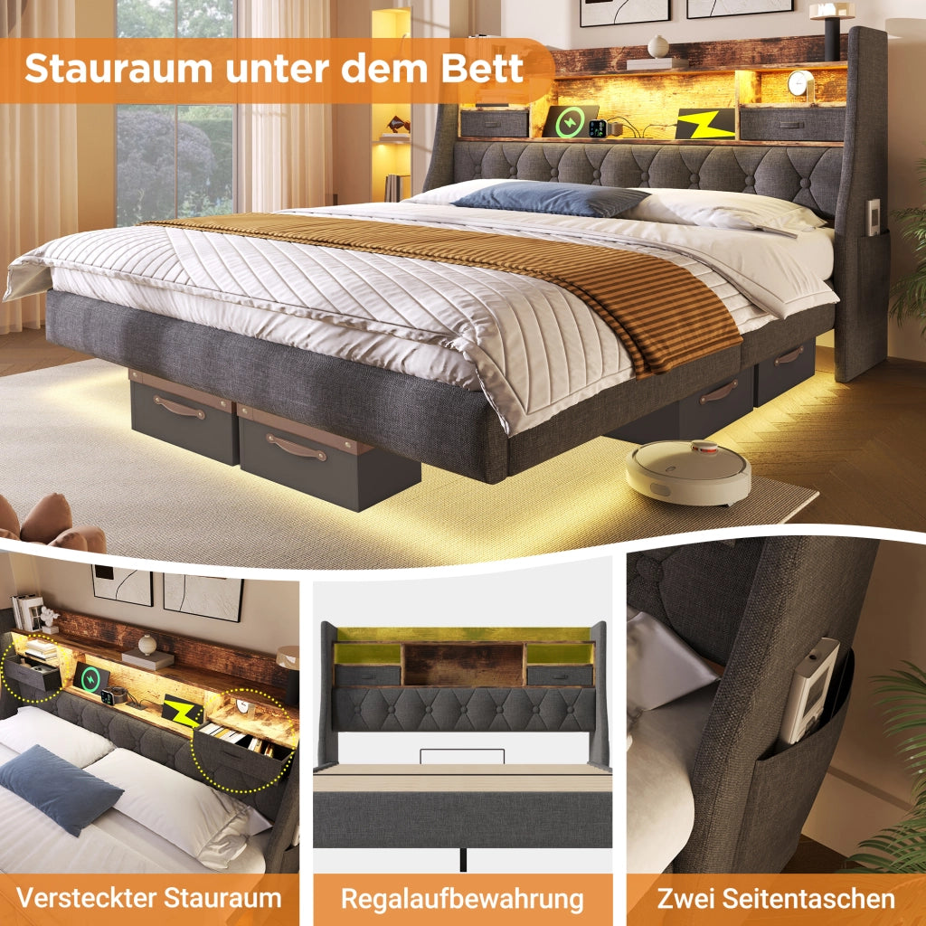 OKWISH Letto Imbottito 160×200 cm, Letto Matrimoniale con LED Regolabile, USB, Type C e Mensola Contenitore, senza Materasso, in Lino, Grigio