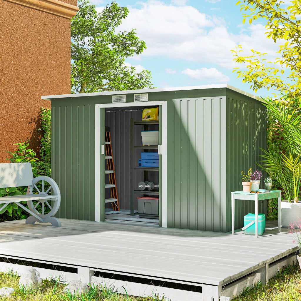 Casetta da Giardino 3.2m2 in Acciaio Zincato con Kit Fondazione. Prese d'Aria. Capanno Porta Attrezzi con Tetto Inclinato. Doppia Porta Scorrevole Bloccabile. Verde Chiaro
