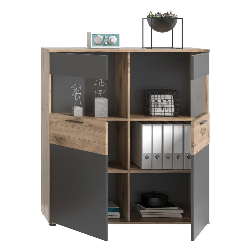 Buffet alto 2 porte in vetro – Grigio antracite e rovere chiaro – SELMA