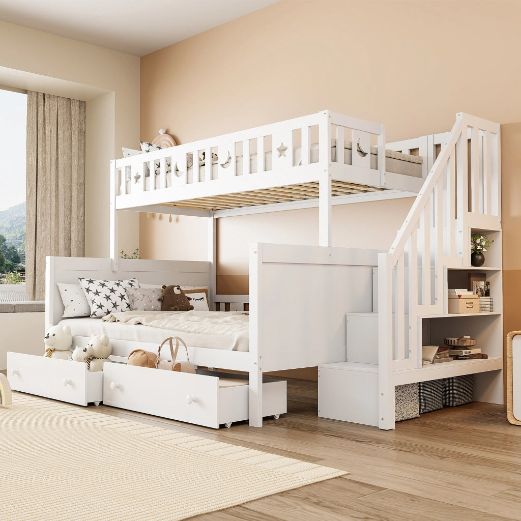 Letto a castello per bambini; 90x200cm e 140x200cm; legno massiccio; con scale di sicurezza; bianco