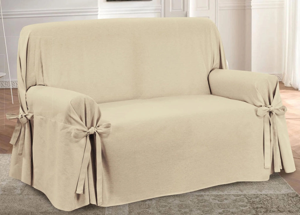 Copridivano Fodera Telo Protezione Divano Con Laccetti Fiocco Disegno Prezioso - 3 Posti - Beige