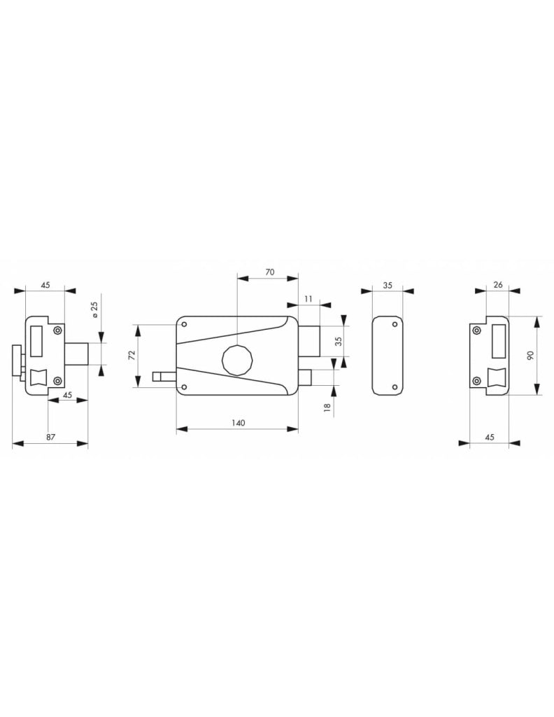 Serratura con cilindro, pomolo e tirante 140 x 90 mm, destra – THIRARD